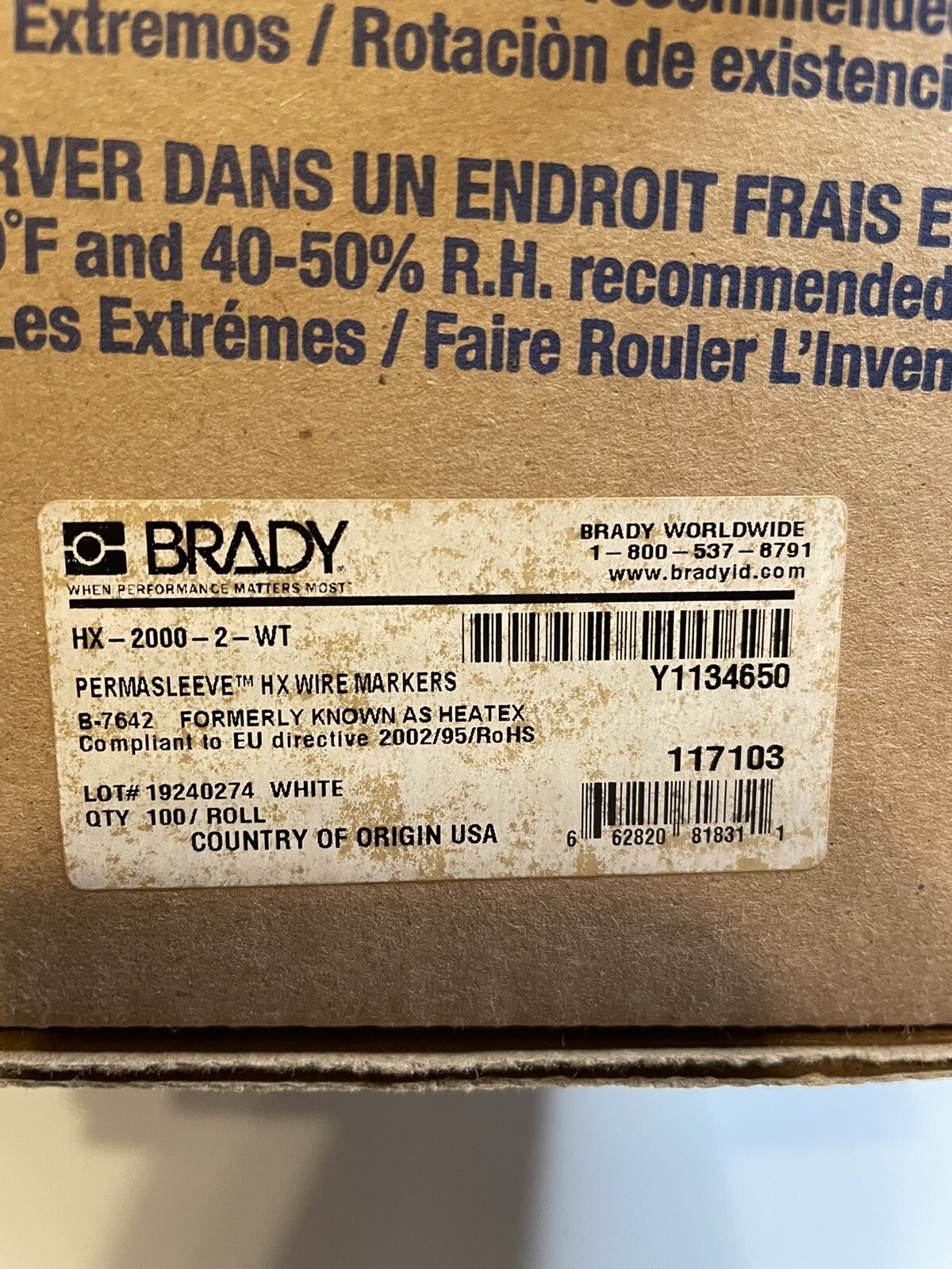 BRADY HX-2000-2-WT 100 Labels Per Roll