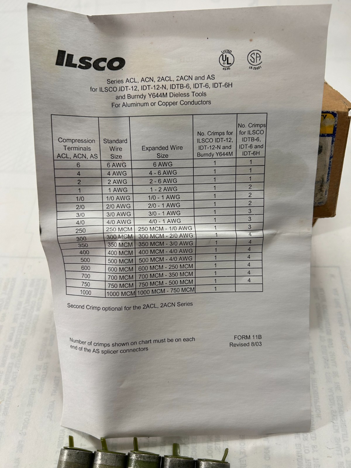 LOT OF 6 Ilsco AS-2/0 2/0 AWG Aluminum Compression Sleeves DIE NO. 10 Olive