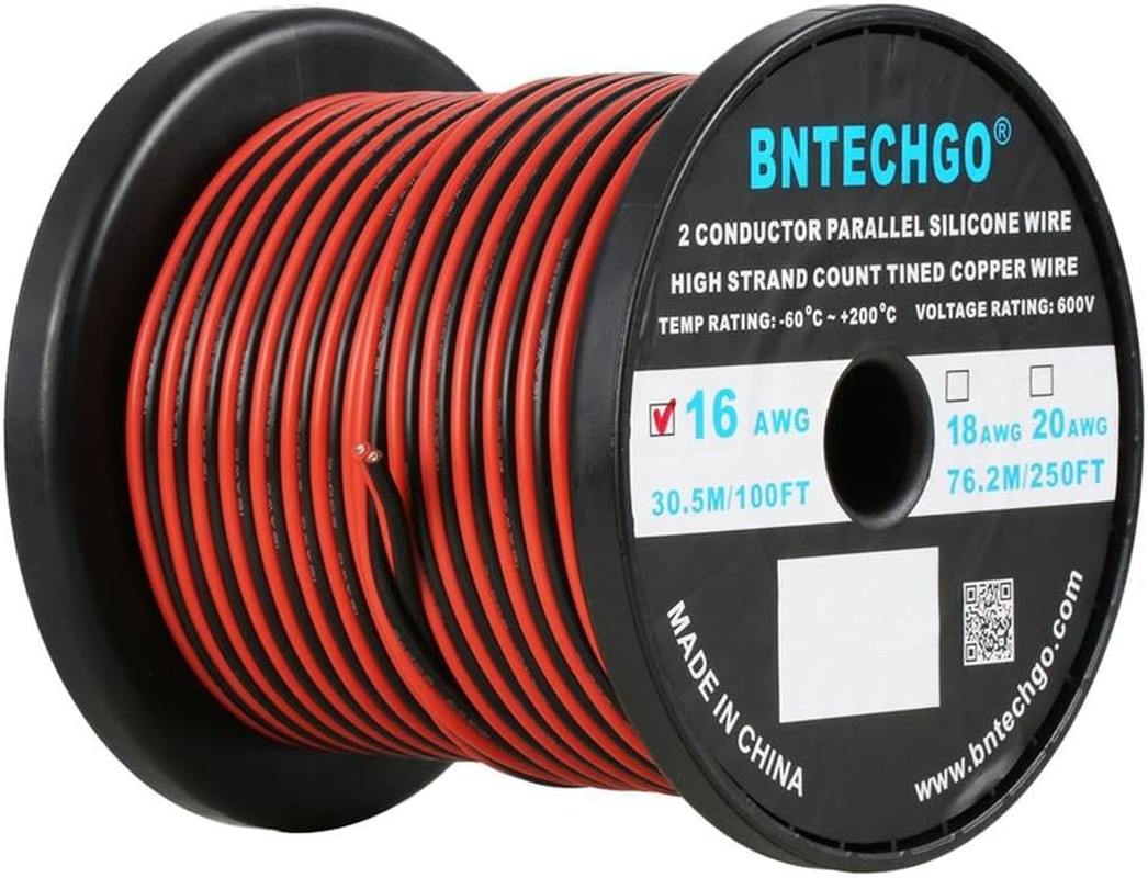 BNTECHGO 16 Gauge Flexible 2 Conductor Parallel Silicone Wire Spool Red Black Hi