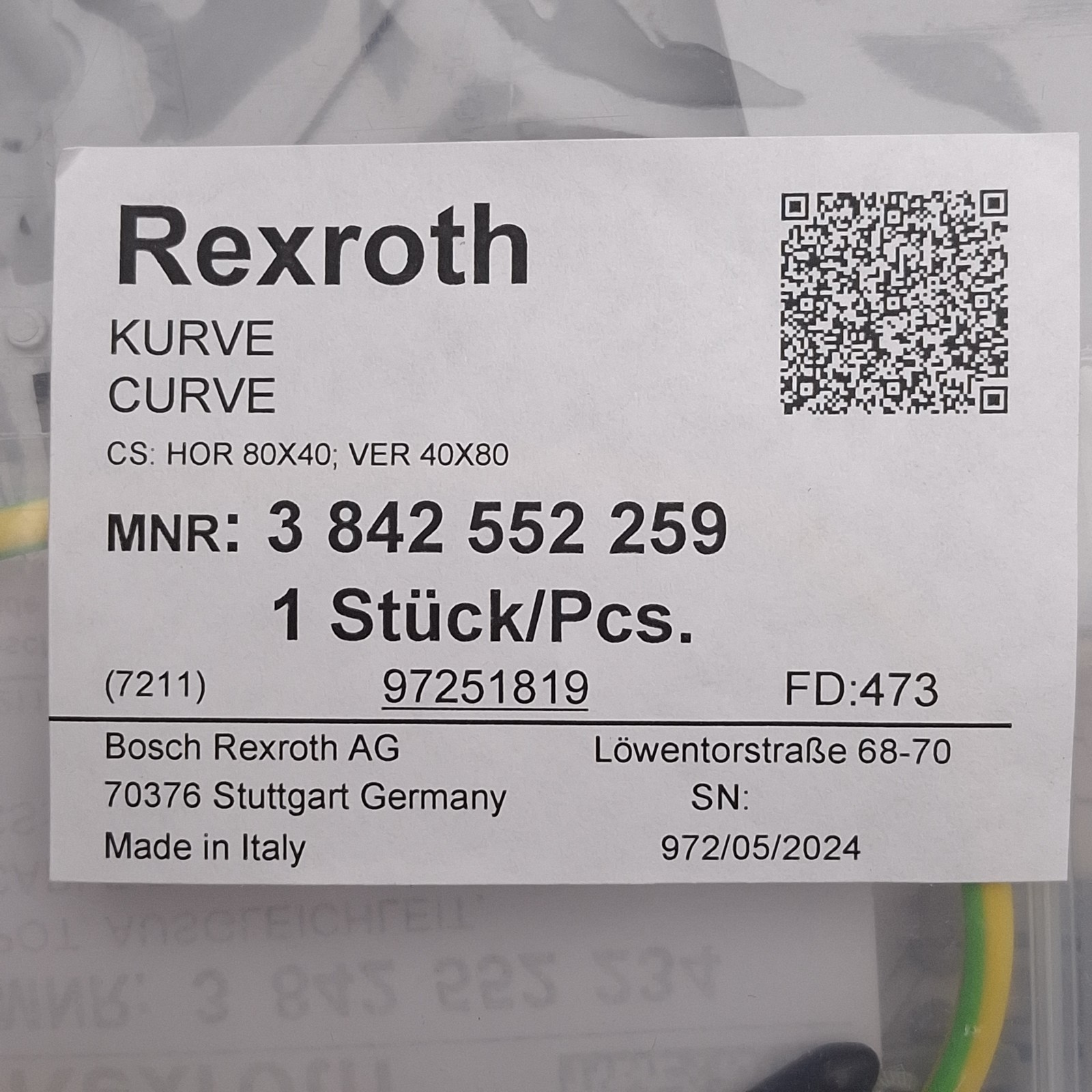 Rexroth 3842552259 Modular Cable Duct Curve, 90 Degree, HOR 80×40, VER 40×80