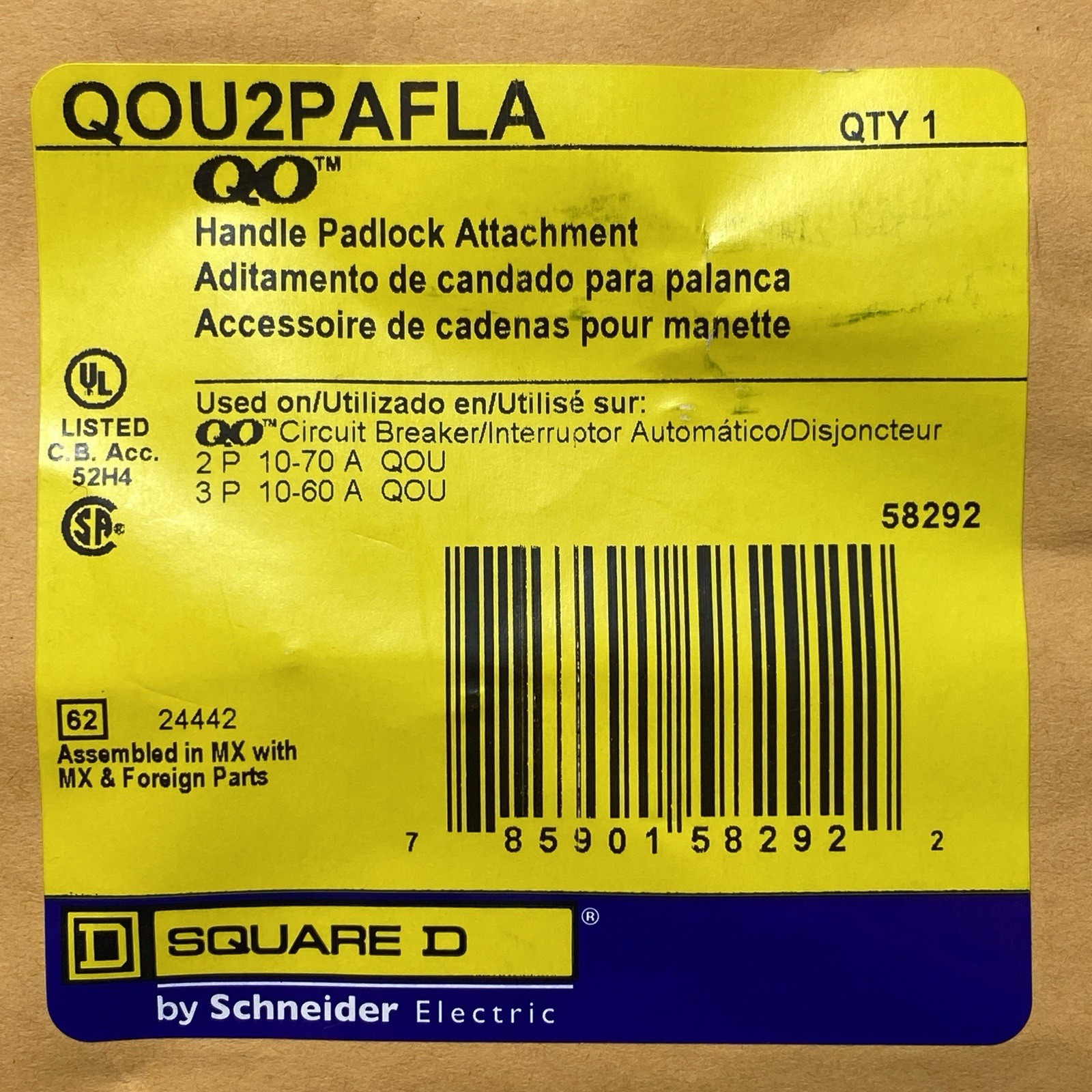 Square D QOU Circuit Breaker Padlock Attachment QOU2PAFLA, NEW