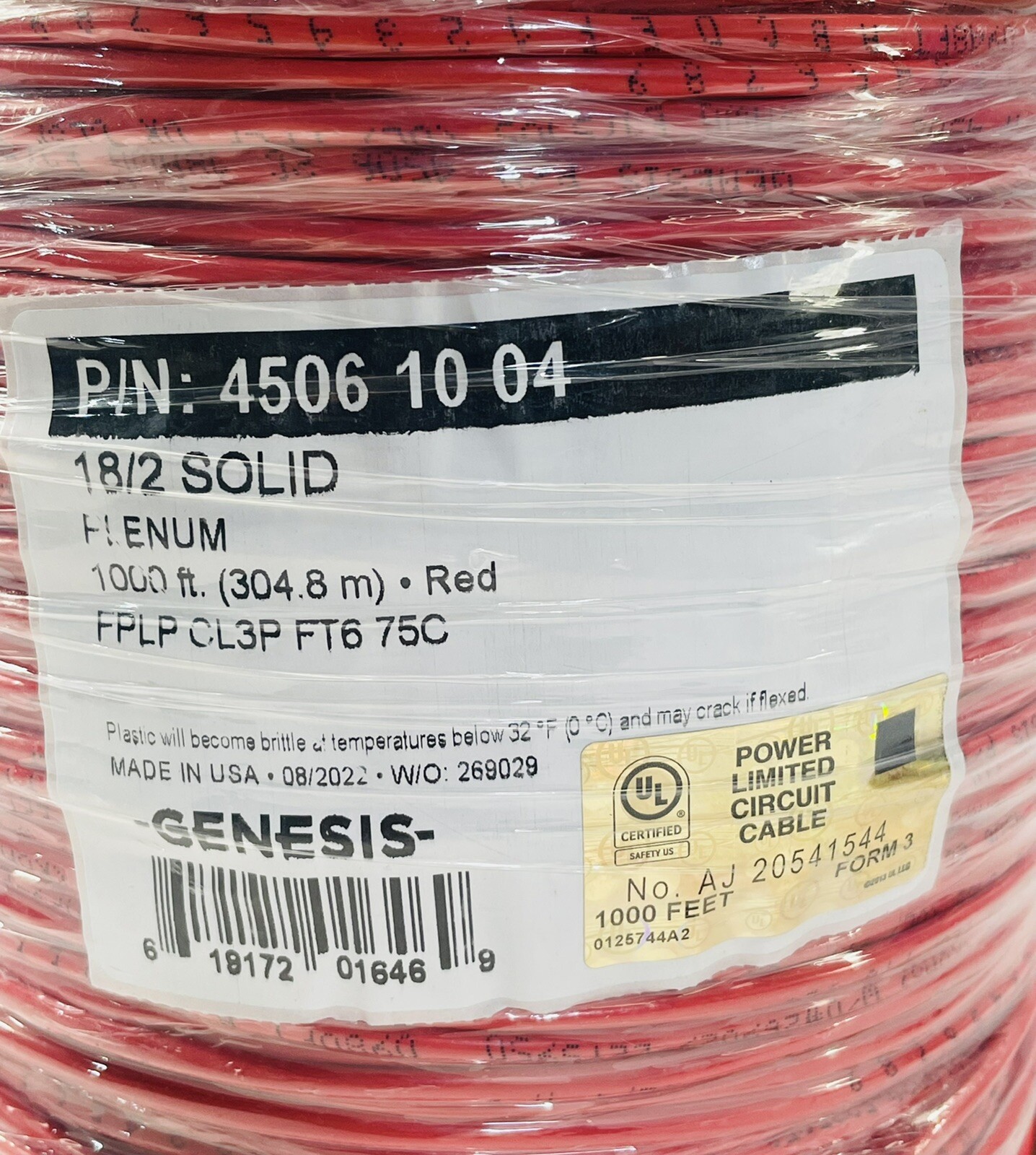 GENESIS 45061004 – 18/2 SOLID PLENUM RED WIRE (1000 Ft)