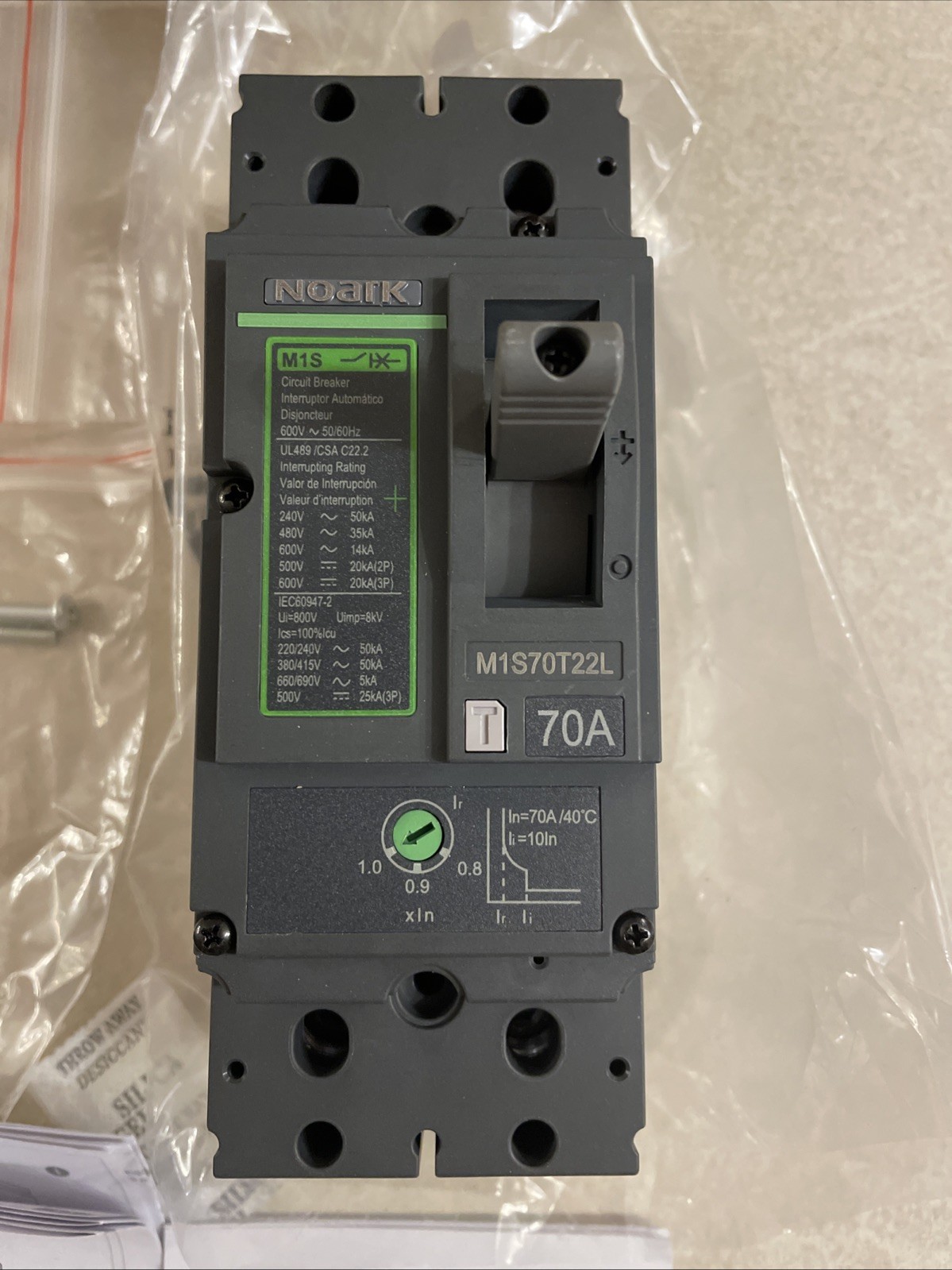 Noark M1S70T22L – 1102286 – UL489 – M1 frame – 2P2d – 70A rated – 600Vac