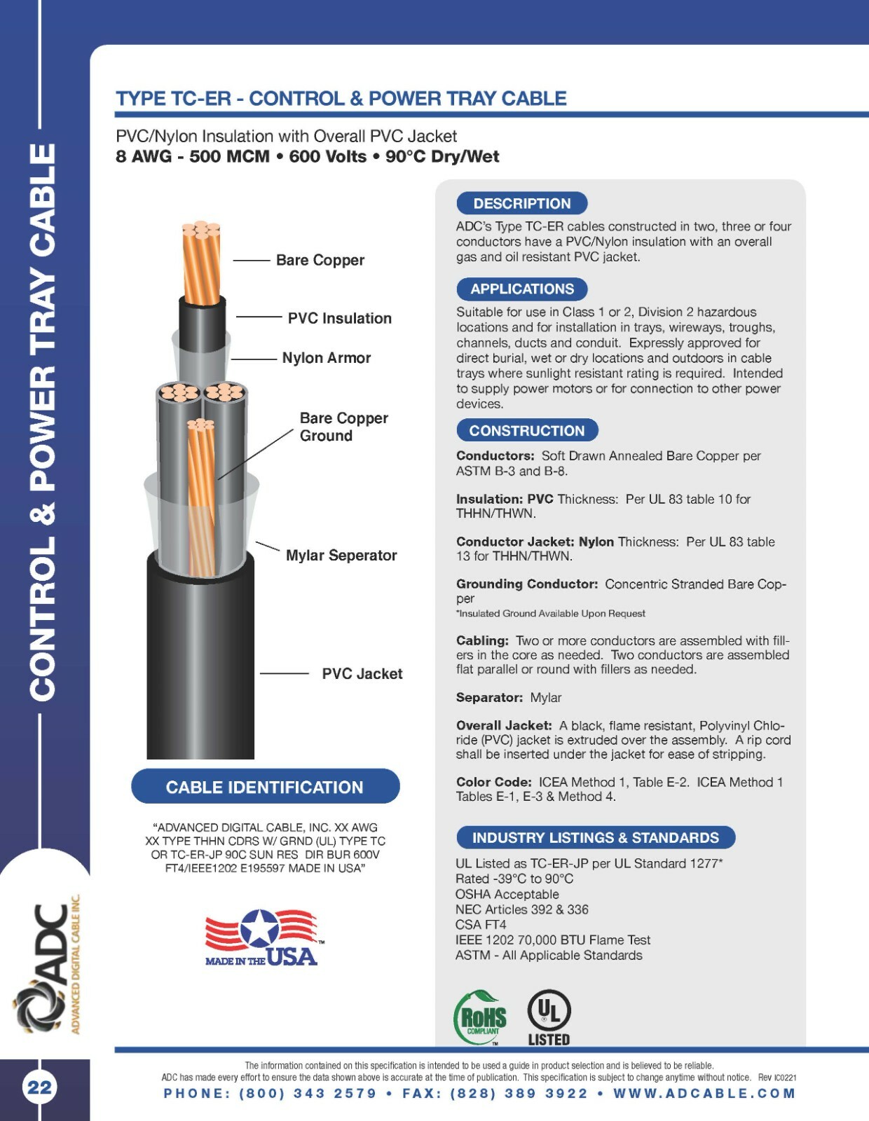 ADC 8/4C + #10 Ground TC-ER THHN/THWN Inners Power/Control Tray Cable 600V /10ft