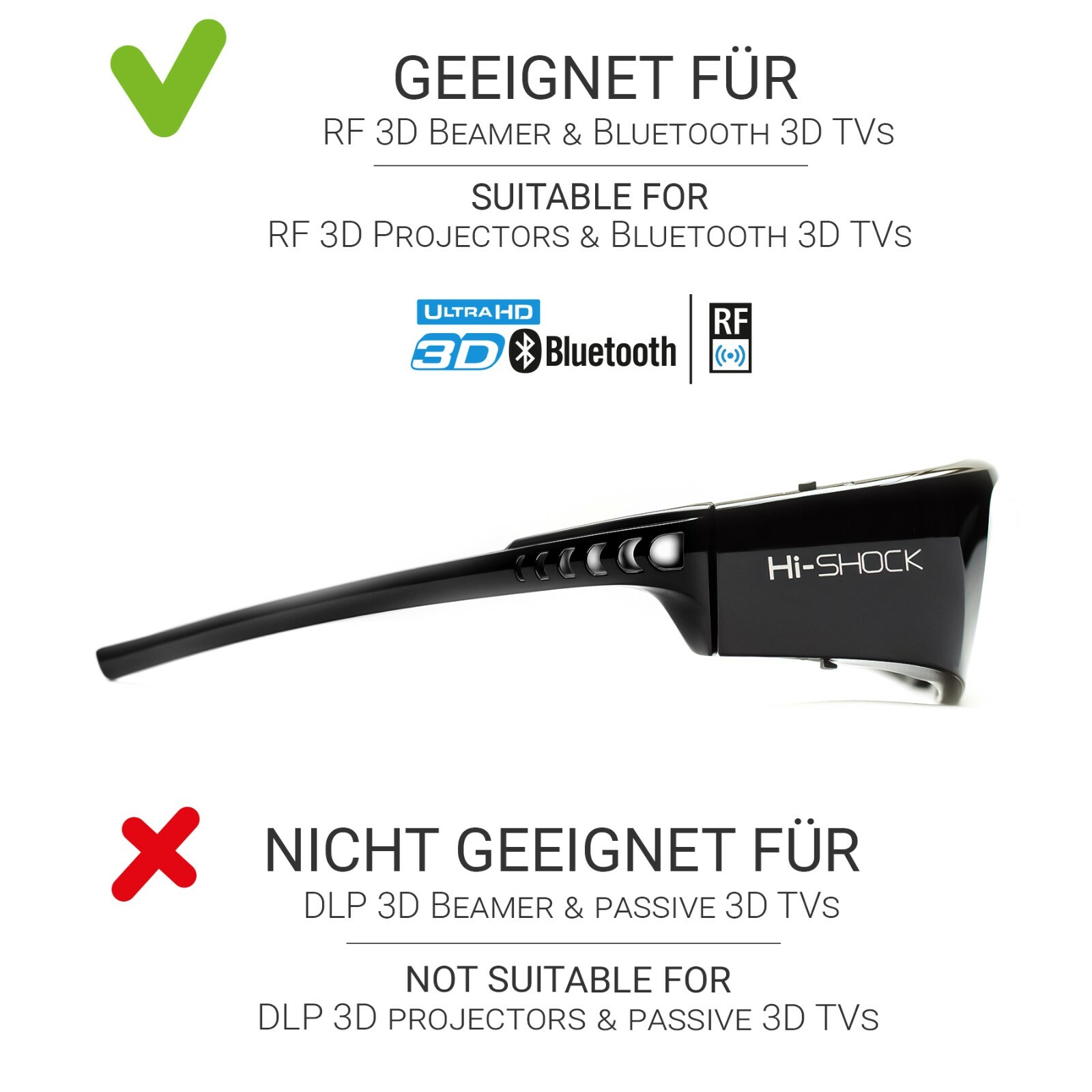 Hi-SHOCK® 3D Glasses BT Pro “Black Diamond” | for Samsung, Sony HD / 4K TV Black