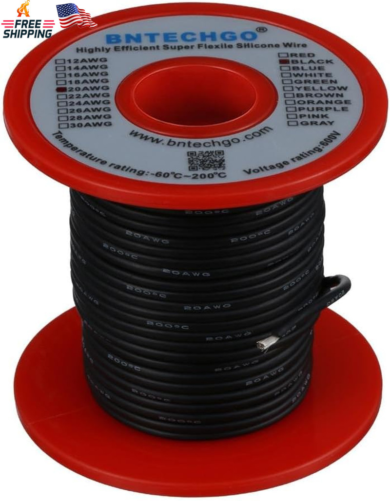 BNTECHGO 20 Gauge Silicone Wire Spool 100 Ft Black Flexible 20 AWG Stranded Tinn