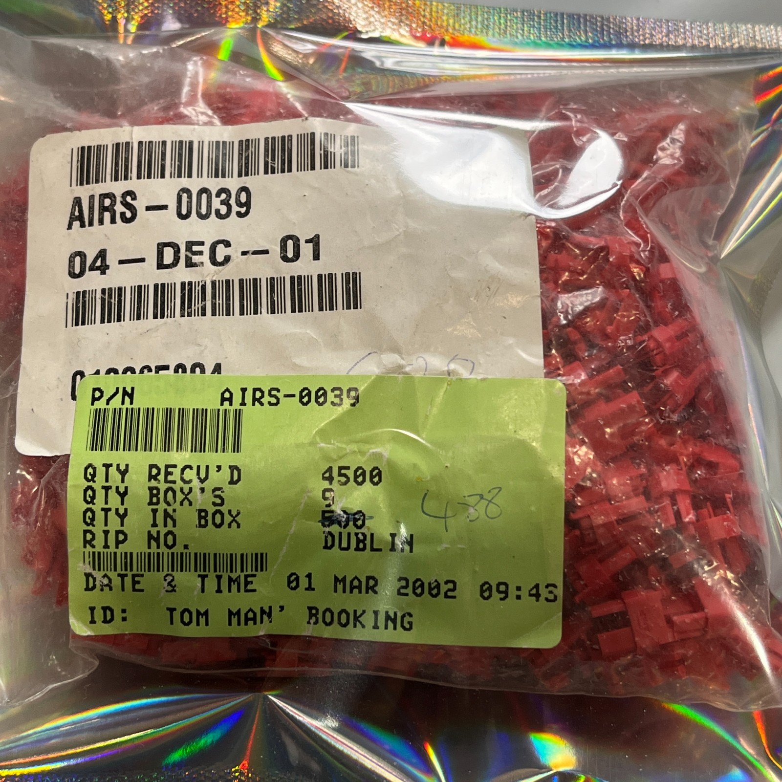Lot of 488 PCS of AMP AIRS-0039: Red Insulated Wire/Pin Housing, As pictured