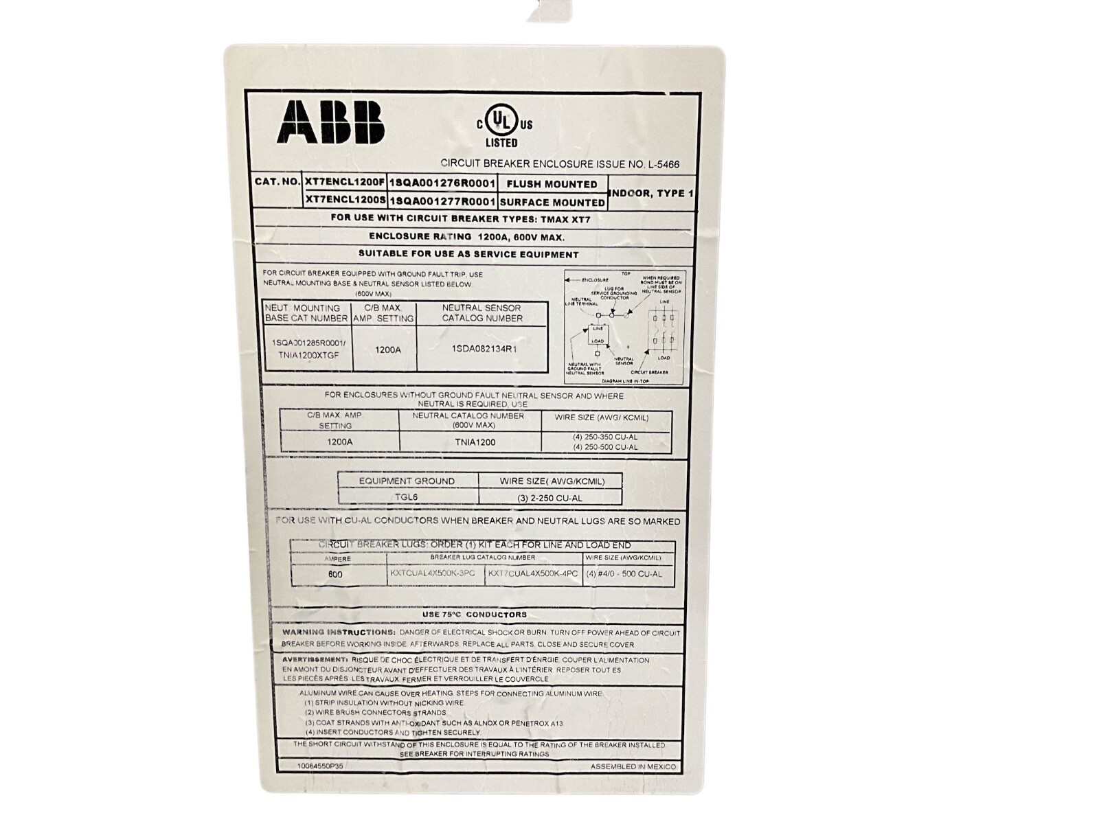 XT7ENCL1200S ABB XT7 Circuit Breaker Enclosure NEMA 1 Surface