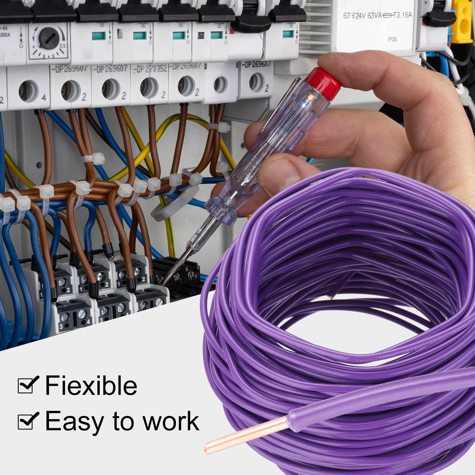 75 Feet Electrical Wire Insulated Solid Copper 12 AWG THHN Wire UL listed,Purple