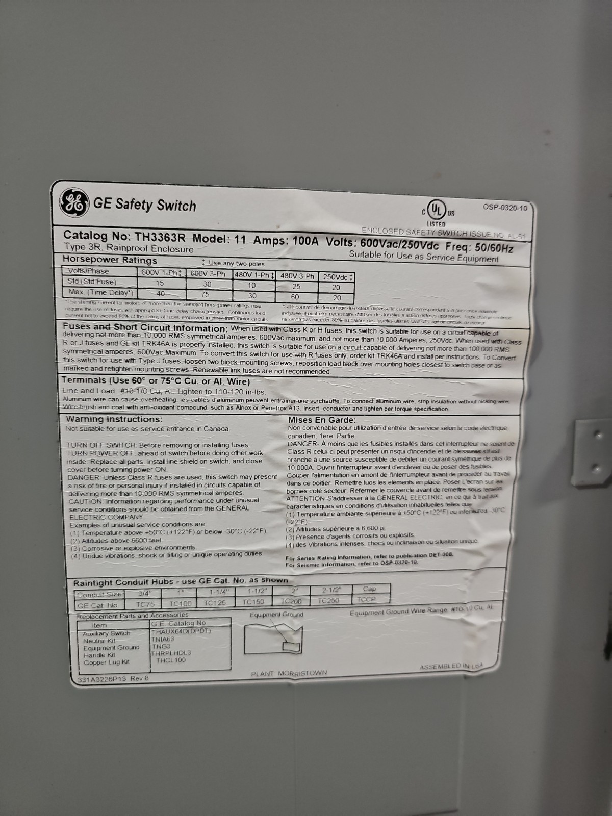 GENERAL ELECTRIC TH3363R / TH3363R 100 AMP 3P 600V FUSIBLE